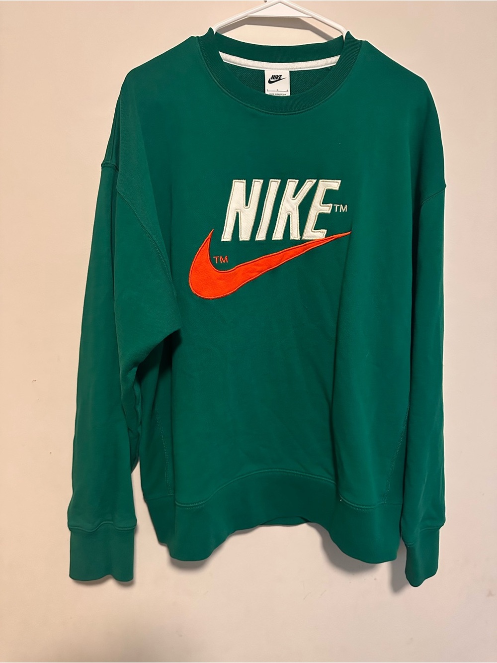 Nike Green French Terry, crewneck, embroidered swish, Large 100% Cotton